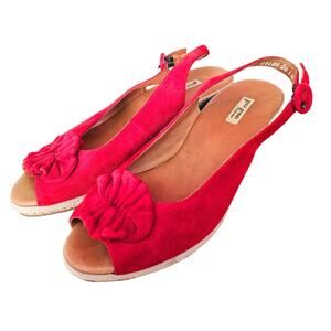 EUC Daniel Green Red Suede Peeptoe Rafia Wedge Sling Back Esprillade Sandals 7.5